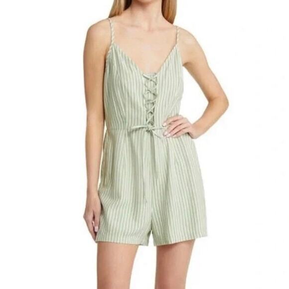 Vero Moda Sleeveless Linen Blend Lace Up Romper Green White Stripe Large/XL NWT - Picture 1 of 13